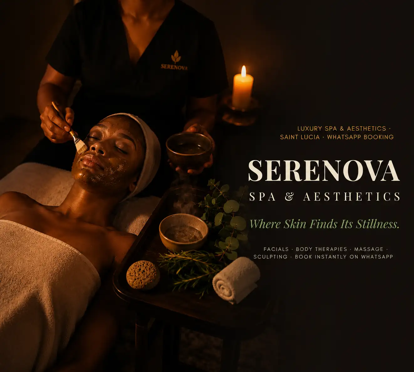 Serenova Spa — luxurious treatment room with warm lighting and botanicals