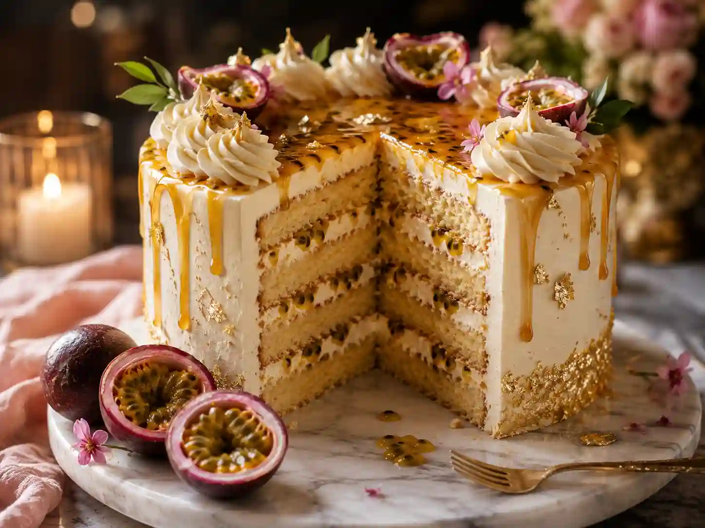 Tropical coconut and passionfruit layer cake with toasted coconut flakes
