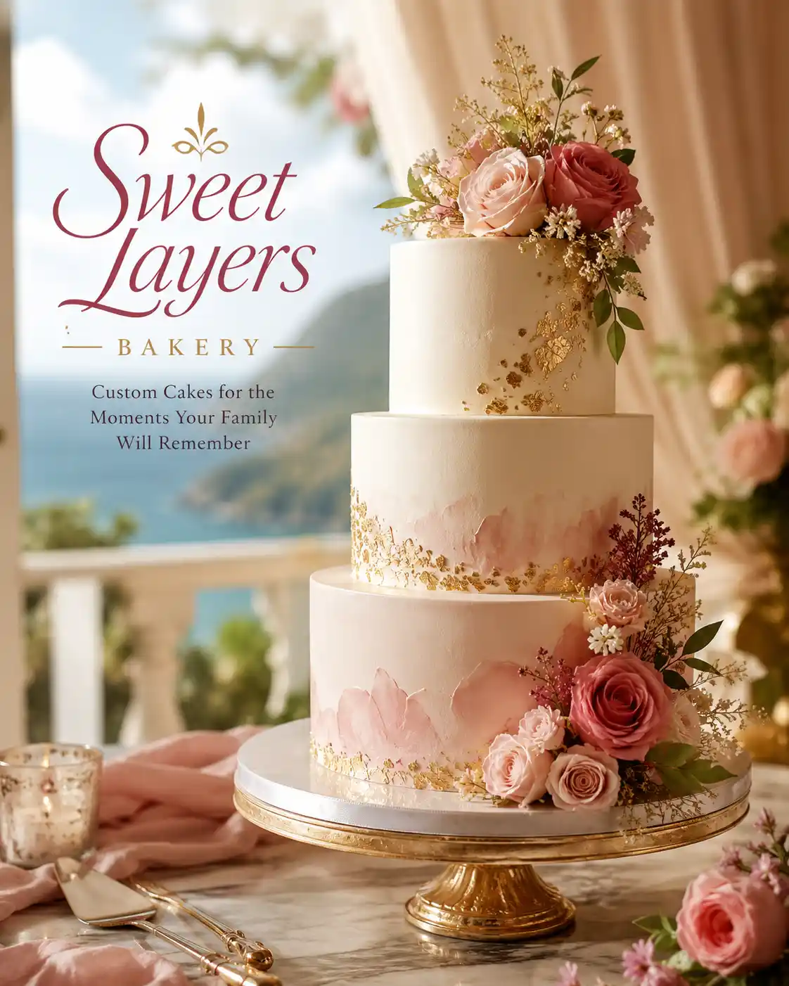 Tropical floral celebration cake with fresh flowers and gold detailing